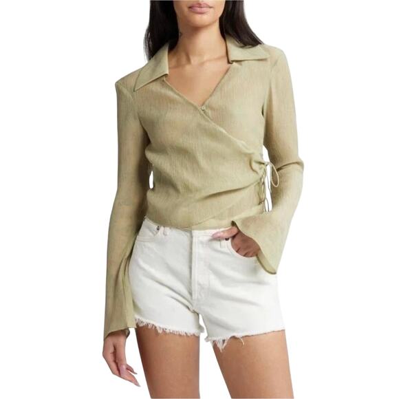 Topshop Khaki Wrap Blouse Collared Long Sleeve Side Tie Top NWT Size 12 - Picture 1 of 8